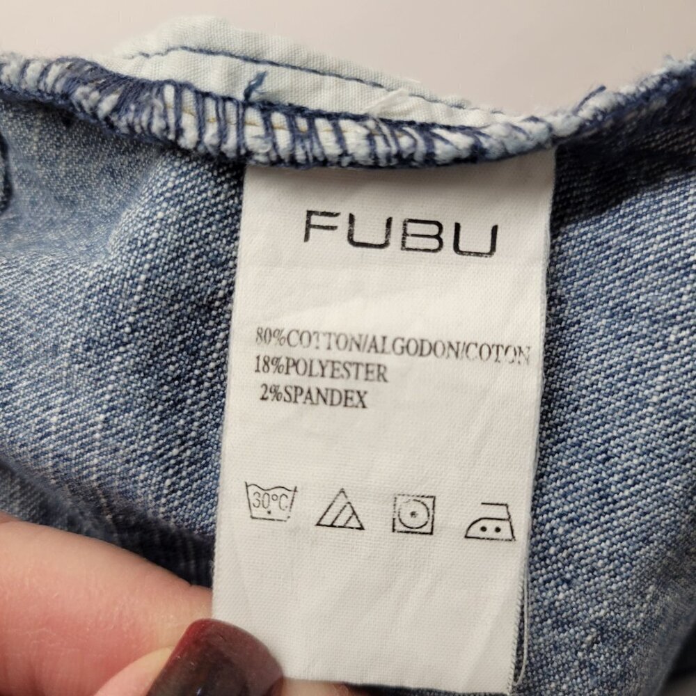 VTG 90s Y2K Fubu Jumpsuit Womens M Chambray Denim Wide Leg Lace Baggy Stretch - Picture 12 of 12